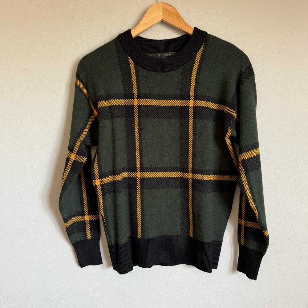 Tahari Women's Dark Green and Yellow Plaid Crewneck Sweater - Picture 1 of 8